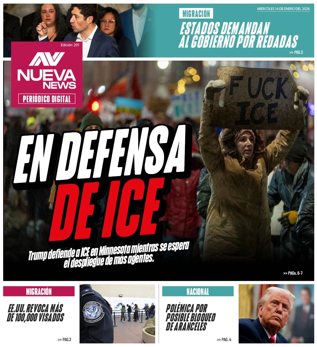 EN PORTADA: EN DEFENSA DE ICE Trump defiende a ICE en Minnesota mientras se espera el despliegue de más agentes